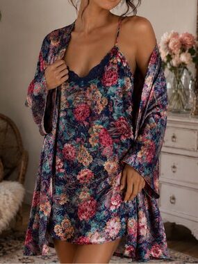 Vintage California Miss Floral Satin Chemise & Robe Set Small Coquette Boudoir